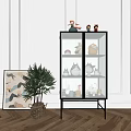 Modern Decorative Cabinet With Glass Doors Displaying Figurines Potted Plant Wooden Floor White Wall