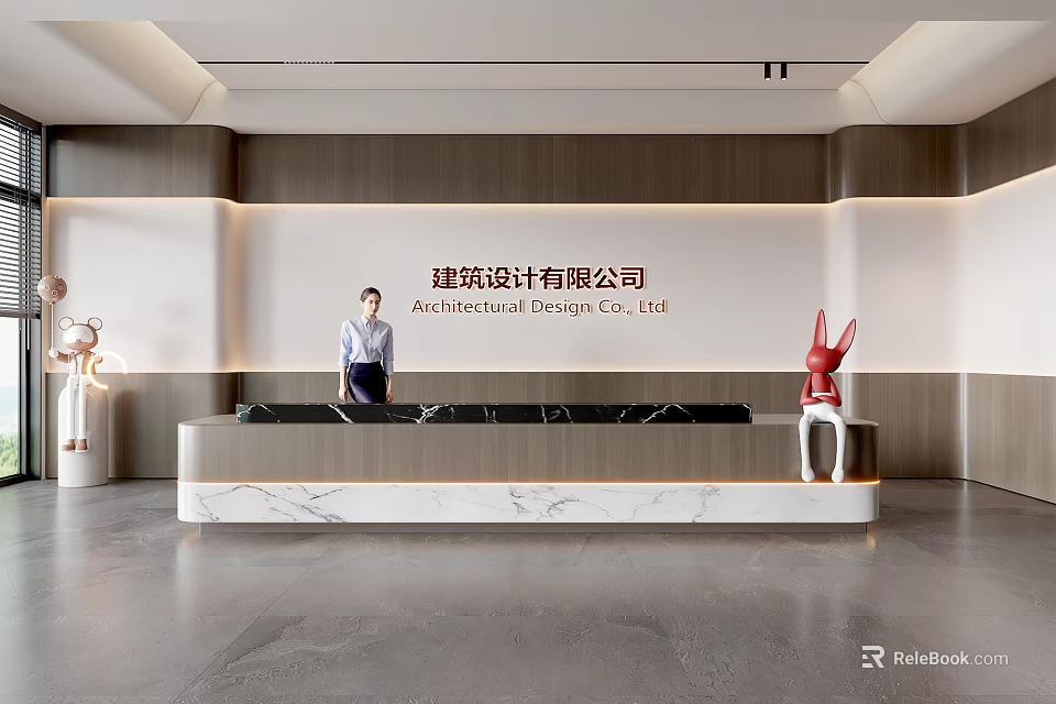 Modern Sleek Reception Area with Marble Desk Architectural Design Company Professional Receptionist and Decorative Sculpture 3d model 