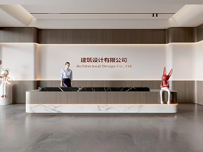 Modern Sleek Reception Area with Marble Desk Architectural Design Company Professional Receptionist and Decorative Sculpture 3d model