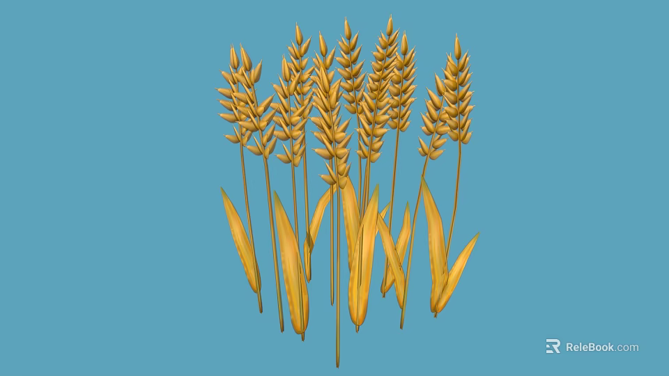 Natural Golden Wheat Ears with Green Leaves on Blue Background 3d model 