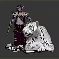 Elf Warrior in Purple Armor Holding Weapon Standing Beside White Tiger With Black Stripes