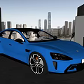 Blue Electric Sports Car Parked At Charging Station With Urban Skyline Background