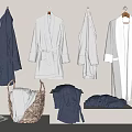 Cozy Blue And White Cotton Bathrobes Hanging With Wicker Basket And Slippers