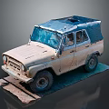 Old Dusty Off Road Vehicle With Blue Canvas Roof And Rugged Exterior