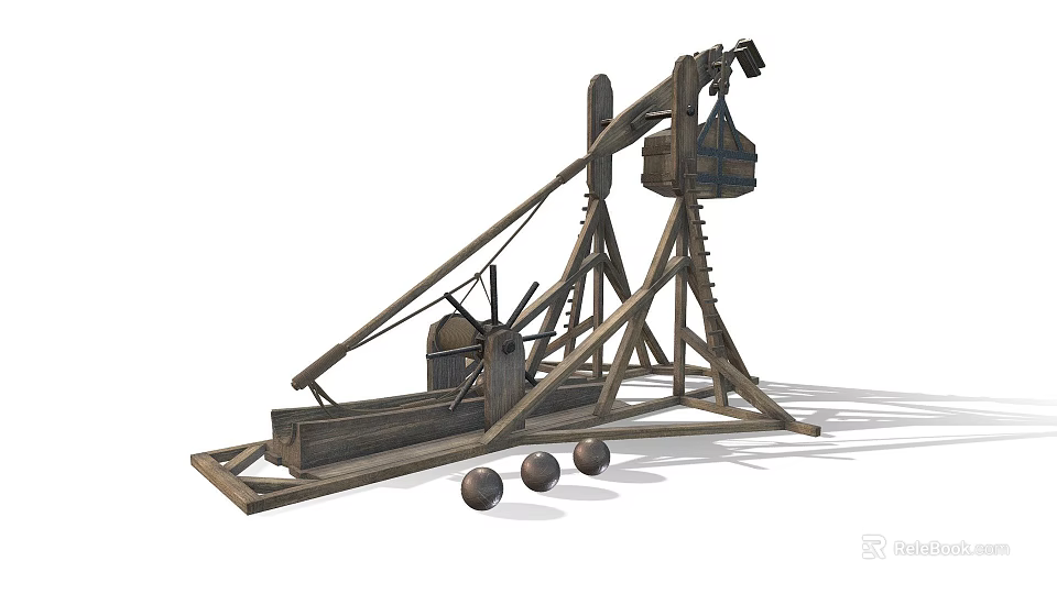 Ancient Wooden Trebuchet Siege Weapon With Stone Balls And Wooden Frame 3d model 