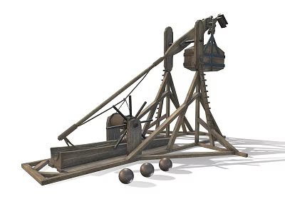 Ancient Wooden Trebuchet Siege Weapon With Stone Balls And Wooden Frame 3d model