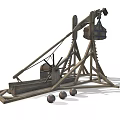 Ancient Wooden Trebuchet Siege Weapon With Stone Balls And Wooden Frame