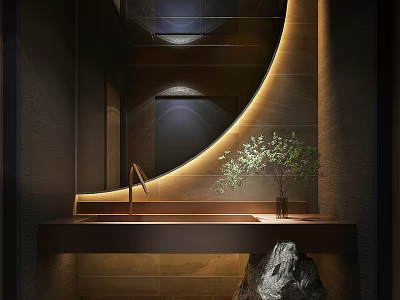 Modern Public Restroom With Circular Mirror Warm Lighting Stone Sink Plant Decoration And Brown Tiles 3d model