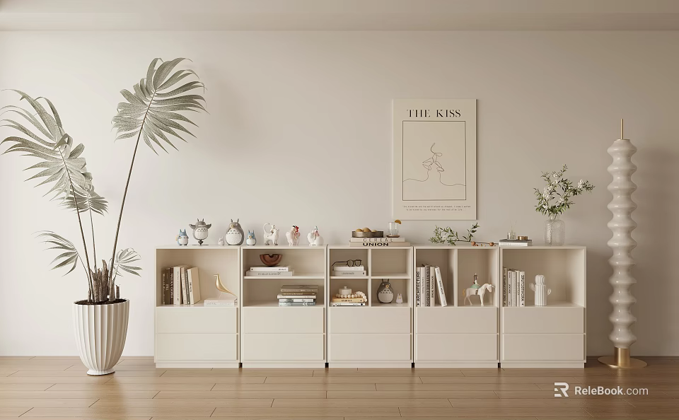 Entryway White Console Cabinet with Decorative Items Books Plants and Wall Art on Wooden Floor 3d model 
