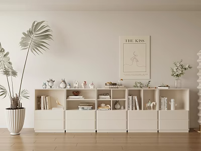 Entryway White Console Cabinet with Decorative Items Books Plants and Wall Art on Wooden Floor 3d model