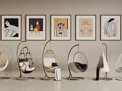 Stylish Hanging Chairs with Various Designs and Decorative Paintings in Indoor Space 3d model