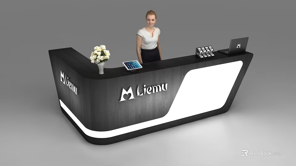 Modern Black White Reception Desk With Liemu Logo Tablet Flowers And Laptop 3d model 