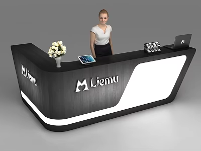 Modern Black White Reception Desk With Liemu Logo Tablet Flowers And Laptop 3d model