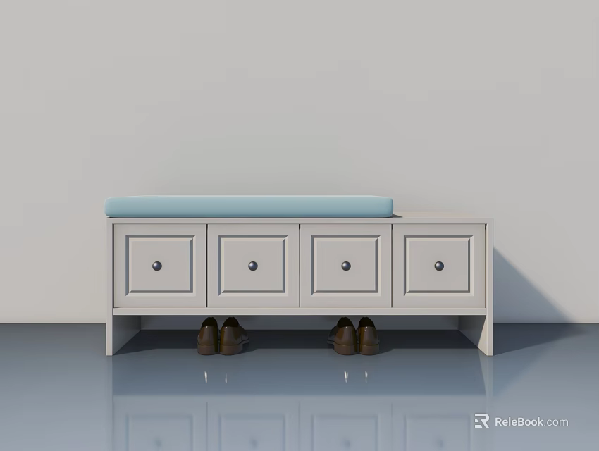 Hinged Door Drawer Bench With White Frame Blue Cushion And Brown Shoes 3d model 