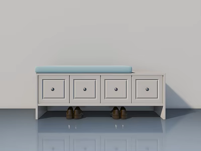 Hinged Door Drawer Bench With White Frame Blue Cushion And Brown Shoes 3d model