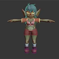 3D Green Goblin Character Design With Blue Hair Yellow Eyes Red Top Green Shorts Goggles