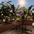 Outdoor Garden Featuring Lush Plants String Lights Grill Station Ocean View Tile Floor And Canopy