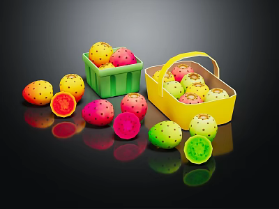 Colorful Fresh Fruits in Green and Yellow Baskets with Sliced Ones on Black Background 3d model