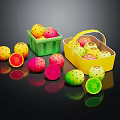 Colorful Fresh Fruits in Green and Yellow Baskets with Sliced Ones on Black Background