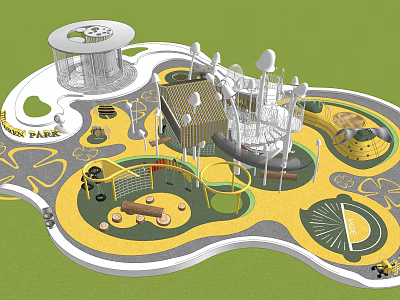 Playground Equipment In Kids Park Featuring Slides Climbing Structures And Circular Activity Areas 3d model