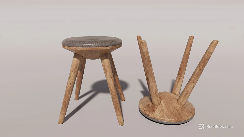 Modern Wooden Stool Set With Upholstered Seat And Four Legs Structure 3d model 
