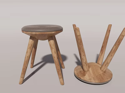 Modern Wooden Stool Set With Upholstered Seat And Four Legs Structure 3d model