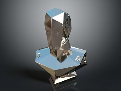 Abstract Metallic Character Sculpture With Polyhedral Geometric Head And Shiny Base 3d model