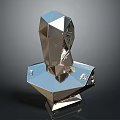 Abstract Metallic Character Sculpture With Polyhedral Geometric Head And Shiny Base