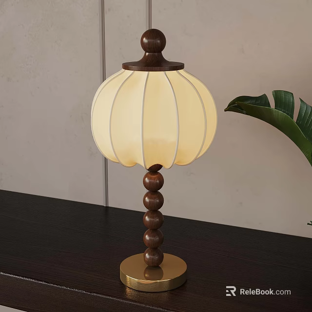 Wooden Beaded Base Table Lamp With Cream Lampshade And Decorative Leaf 3d model 