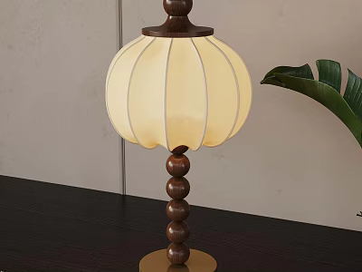 Wooden Beaded Base Table Lamp With Cream Lampshade And Decorative Leaf 3d model