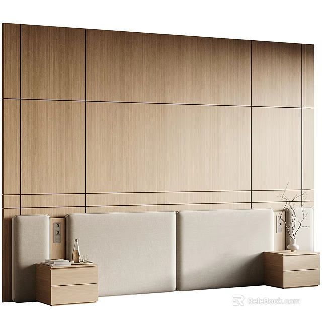 Modern Bedroom Interior With Wooden Panel Wall Beige Headboard And Bedside Tables 3d model 