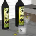 Extra Virgin And Pura Olive Oil Bottles With Glass Of Olives On White Countertop