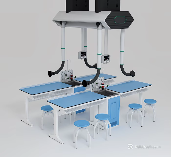 Modern Laboratory Interior With Blue Countertop Lab Tables White Frames Stools And Overhead Ventilation System 3d model