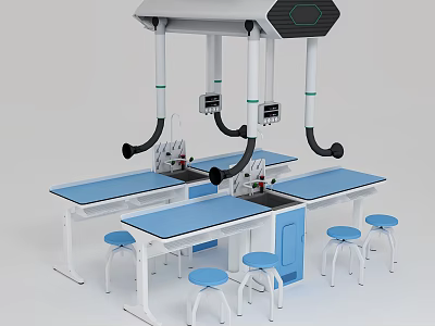 Modern Laboratory Interior With Blue Countertop Lab Tables White Frames Stools And Overhead Ventilation System 3d model
