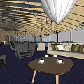 Cozy Modern Cafe Interior With Curved Wooden Ceiling Gray Sofas Coffee Tables And Bar Counter