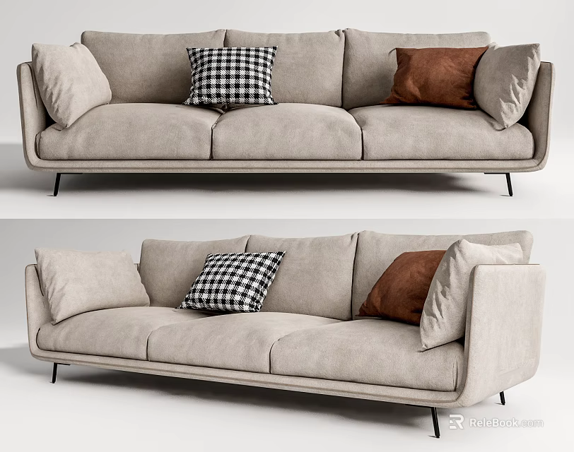 Light Gray Modern Sectional Sofa With Black White Checkered And Brown Pillows Black Metal Legs 3d model 