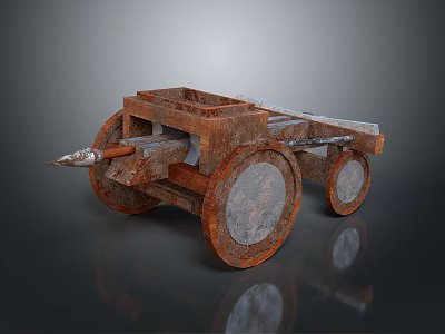 Ancient Wooden Siege Weapon With Rusted Wheels And Metal Spear Tip 3d model