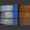 Colorful Rusty Oil Drums With Blue Red And Weathered Metal Surfaces