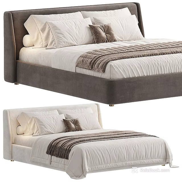 Double Bed with Soft Pillows and Striped Throw Blanket in Light and Gray Tones 3d model 