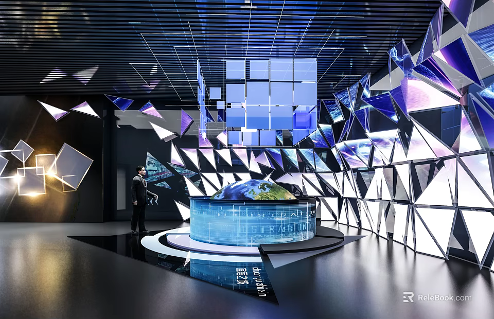 Modern Exhibition Space With Geometric Structures Blue Lighting And Interactive Globe 3d model 