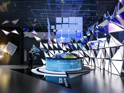 Modern Exhibition Space With Geometric Structures Blue Lighting And Interactive Globe 3d model