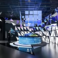 Modern Exhibition Space With Geometric Structures Blue Lighting And Interactive Globe 3d model