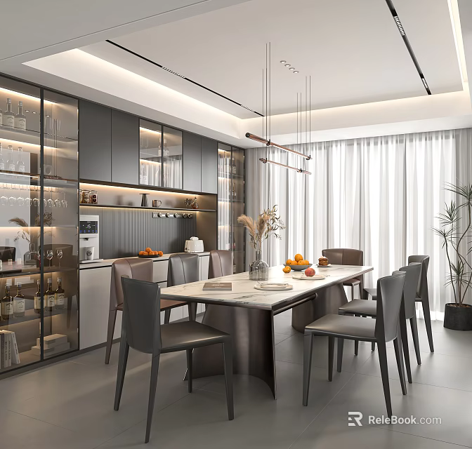 Modern Restaurant Interior With Dining Table Chairs Hanging Lights Glass Cabinets And Plants 3d model 