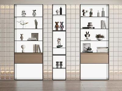 Three Modern Decorative Cabinets With Multiple Shelves Displaying Figurines Vases Books And Plants 3d model