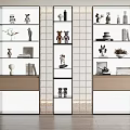 Three Modern Decorative Cabinets With Multiple Shelves Displaying Figurines Vases Books And Plants