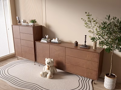Modern Wooden Entryway Cabinet and Sideboard with Beige Rug Teddy Bear and Green Plant 3d model