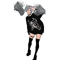 Woman With Flowing Blue Gray Hair Pigtails In Skeleton Print Sweater On Black Background