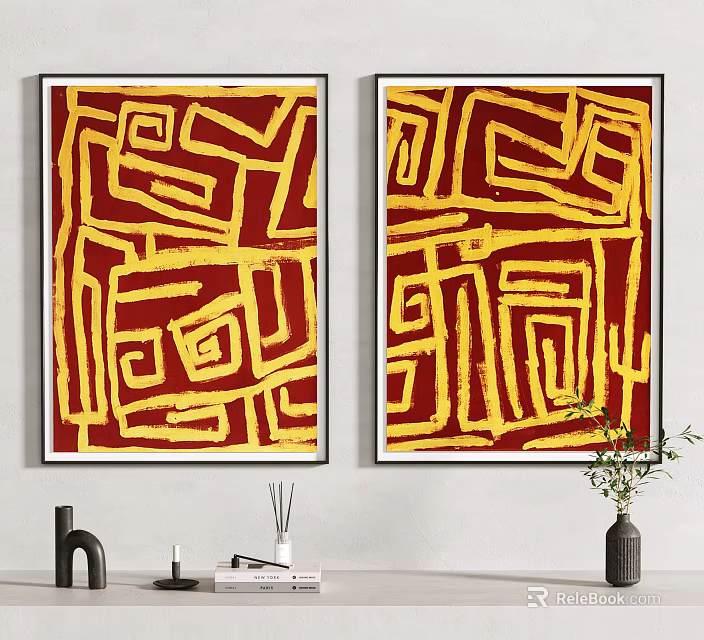 Abstract Red And Gold Oil Paintings For Interior Decor 3d model