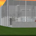 Glass Curtain Wall Building With Sunset Sky Green Banners And Plaza Foliage