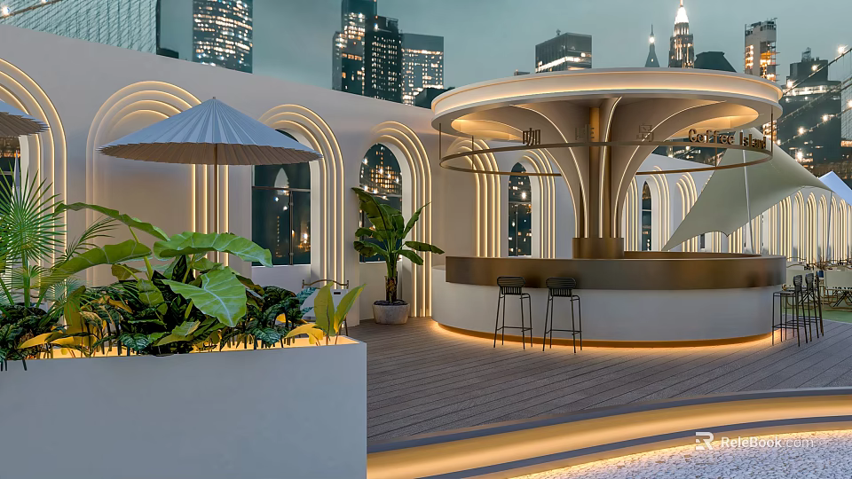Modern Restaurant Terrace With City Night View Green Plants And Bar Seating 3d model 
